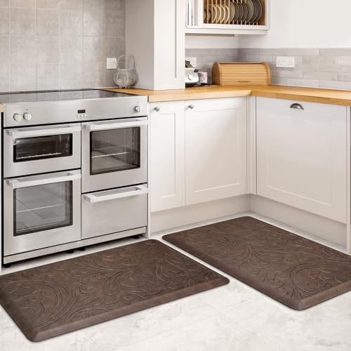 KMAT 2PCS Kitchen Mat Cushioned Anti-Fatigue Comfort Standing Mat Rug | Waterproof Non-Slip Ergonomic Comfort Rug Home,Office,Sink,Laundry,Desk 17.3"x28"+17.3"x28",Brown - color: Brown, size: 1'5" x 2'4"+1'5" x 2'4" (Rectangular)