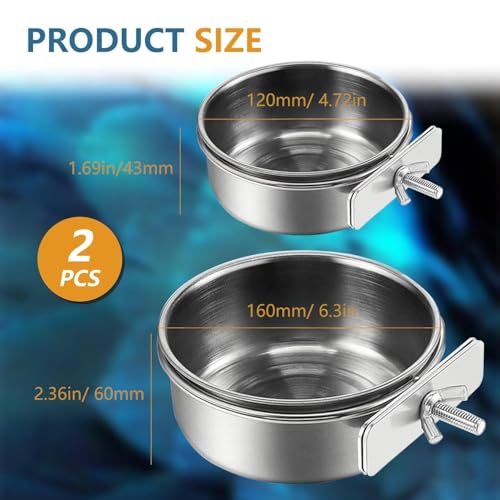 2Pcs Stainless Steel Bird Feeding Bowls, Small Bird Feeding Cup, Stainless Steel Parrot Food Bowl Cage with Holder, Parrot Cage Water Feeder, Pet Cage Cup Holder (Dia 6.3", 4.72",) - size: 6.3", 4.72"