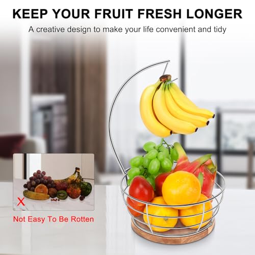 Livabber Countertop Fruit Basket Bowl with Banana Hanger, Modern Standing Fruit Vegetable Bowl Storage, with Banana Tree Holder for Kitchen Dinning Table (Round Wood, Chrome) - color: Chrome, style: Round Wood