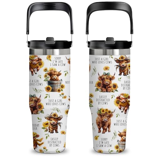 Highland Cow Gifts - 30oz Yak Tumbler with Handle and Straws,Cows Cup for Farm Lovers, Insulated Stainless Steel Coffee Mug, Western Cup,Cow Themed Gift for Women, Birthday/Christmas - color: Cow1