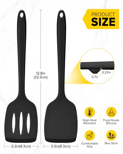 Pack of 2 Silicone Spatula Turners, Non Stick Slotted Kitchen Spatula Set, Heat Resistant BPA Free Kitchen Utensils, One-Piece Design, Suitable for Flipping Fish, Eggs, Steak, Pancakes(BLACK) - color: Black