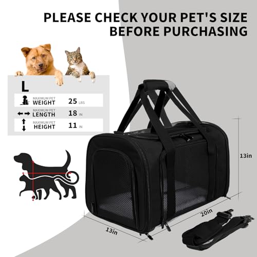 Carriers Soft-Sided Pet Carrier for Medium Large Cats Dogs Under 35Lbs,Breathable Mesh Ventilation Design,Airline Approved Cat Carrying Case(X-Large,Black) - color: black, size: 20.0"L x 13.0"W x 13.0"H