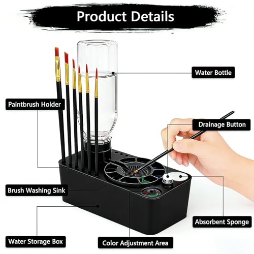 Paint Brush Cleaner Tool,Painting Running Water Circulation Art Supplies,with Brushes,Colors Paint,Watercolor Paper,Paint Station Creative Gift for Kids Girls Adult Artist Beginners (Black) - color: Black