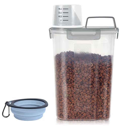 LEAWALK 3-5Lbs/3Qt Dog Cat Food Storage Container With Foldable Bowl., Plastic Pet Food Dispenser for Small Animal Kibble/Pet Food/Bird Seed/Oatmeal/Rice/Flour/Brown Sugart/Cereals (Clear Grey) - color: Clear Grey, size: 3L-1pack