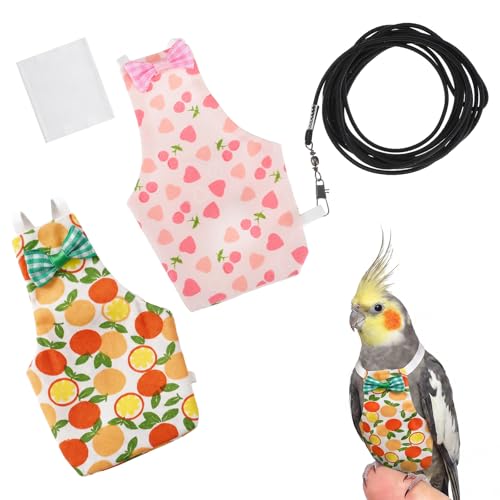 2 Pcs Bird Diaper, Cute Pet Bird Pants Parrot Nappy | Reusable Flight Suit Birds Diapers with 20 Replacement Diapers and 2 Leash for Parakeet Cockatiel Mini Macaw Budgie Canary