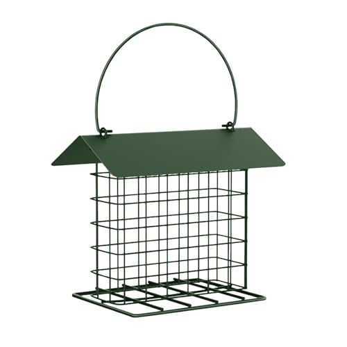 Suet Cake Bird Feeder Outdoor Hanging Metal Wire Wild Bird Feeder Fat Ball Food Feeder with Metal Roof and Platform Outside Cake Suet Feeder Rainproof(Green) - color: Green