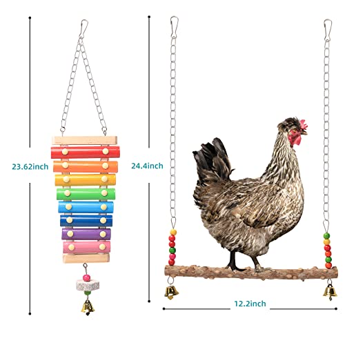 Chicken Toys for Coop 7PCS, KAKUNM Chicken Xylophone, Swing Set, Mirror Toy, Flexible Ladder, Vegetable String Bag and Hanging Feeder - color: 7PCS