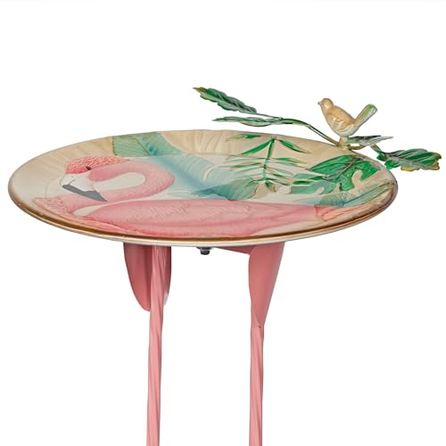Alpine Corporation ORS876 Outdoor Metal Birdbath w/ Stylish Stand, Flamingo Pattern Birdbath Bowl and Stand, 23"H, Pink/Blue - color: Pink/Blue