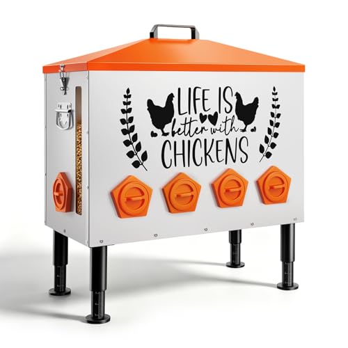95LB Extra-Large Chicken Feeder with 10 No-Waste Ports – Galvanized Metal Poultry Feeder, Anti-Roost Roof Lid, Feed Level Window & Adjustable Cylindrical Legs – Outdoor Feed Box for Ducks & Geese - size: 95LB