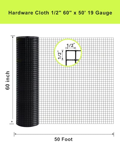 1/2inch 60"x50' 19 Gauge Black PVC Coated Welded Wire Mesh Roll | Hardware Cloth Heavy Duty Metal Mesh with Square Grid, Fencing Roll for Chicken Coop Barrier, Rabbit Cage, Snake Fence - size: 1/2" x 1/2" 60" x 50'