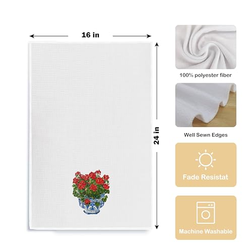 Chinoiserie Blue and White Geranium Porcelain Towels - Kitchen Dish & Bath Hand Towels (16x24 Inches, 8) - color: Blue White04