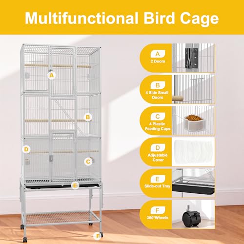 69 inches Bird Cage with Dust Cover, Birdcages with Rolling Wheels | Large Bird Cages for Cockatiels Quaker Conure Parakeet Lovebird Finch Canary Small Medium Parrot Cage Birdcage,White - color: White