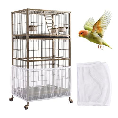 Bird Cage Cover,Bird Cage Seed Catcher,Durable Airy Nylon Mesh Net, Adjustable Birdcage Cover Skirt Seed Guard for Parrot Cockatiel Parakeet Pigeon Big Round Square Cages(White) - color: White