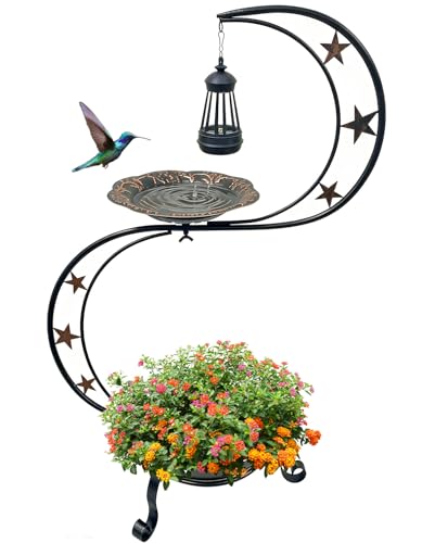 Solar Bird Bath with Flower Planter, S-Shaped Standing Garden Decor | Solar Glow, Hummingbird Embossed Bowl, 2-Tier Planter, Weather Resistant Metal, Garden Patio Accent