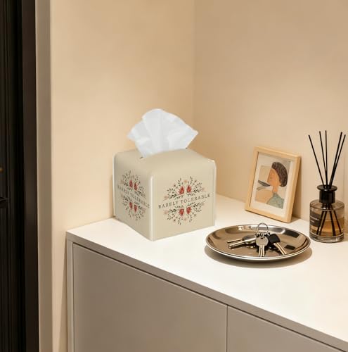 Literary Masterpieces Tissue Box Cover, “Barely Tolerable ”Pride and Prejudice 5.2 Inch Square PU Leather for Bookworms，Funny Bookish Decor Gift for Literature Lovers - color: White Decoration Theme-09