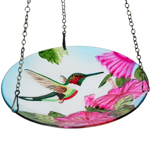 Alpine Corporation KBD150 Outdoor Hanging Glass Bird Feeder and Birdbath, Floral and Hummingbird Design with Chain, 10" W, Red/Green - style: Floral and Hummingbird