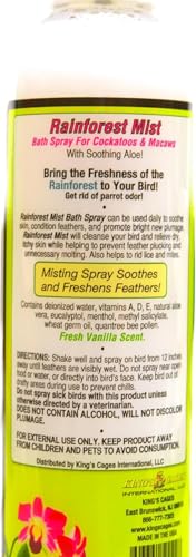 Kings Cages Rainforest Mist Pk2 White 8oz Bath Spray for Cockatoos and Macaws Alcohol-Free Feather Conditioner with Vanilla Scent Made in USA (Pack of 2) - size: Pack of 2