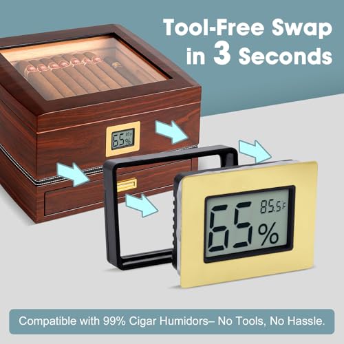 Digital Hygrometer Thermometer for Humidors, Large Display, Gold | Large display, 5-second refresh, max/min records, Fahrenheit/Celsius switch, stand for home and humidor use