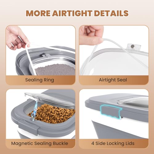 15-23Lbs Airtight Dog Food Storage Container,Collapsible Dog Food Container | Cat Food Container with Double Airtight Seal & Magnetic Lid,Large Pet Food Storage Container Wheels & Handle for Easy Moving - color: Grey/23 LBS