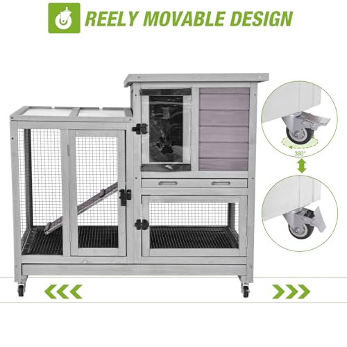 2-Story Rabbit Hutch Indoor Bunny Cage Outdoor Guinea Pig House with Wire Mesh Floor, Leak-Proof Trays, Lockable Wheels for Rabbits, Guinea Pigs, 40.6" L x 26" W x 37.6" H