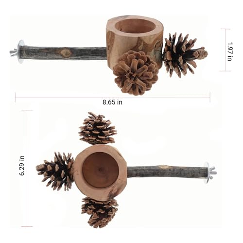 Bird Perch with Feeder for Cage & Chew Toys Pinecones - Bird Cage Accessories 100% Natural & Durable for Cockatiel, Conure, Budgie, Lovebird, Parakeet - Parrot Food Treats Bowl for Foraging