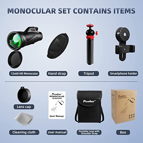12x60 Monocular Telescope High Powered with Smartphone Adapter Tripod and Portable Bag, Larger Vision Monoculars for Adults with BAK4 Prism & FMC Lens, Suitable for Bird Watching Hiking Travel - color: Black Monocular