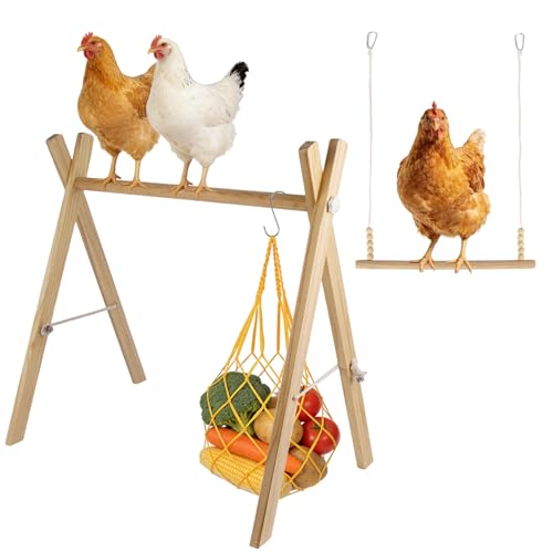 Chicken Perch & Swing Set for Coops, Wooden Roosting Bars with Feeding Net, Easy Assemble Chicken Coop Accessories for Backyard Poultry