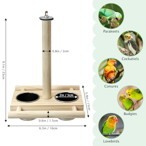 Tfwadmx Bird Perch with Stainless Steel Feeding Bowl Cups Parrot Wood Perch Stand Toy Hanging Feeder for Conures Cockatiels Budgie Lovebird