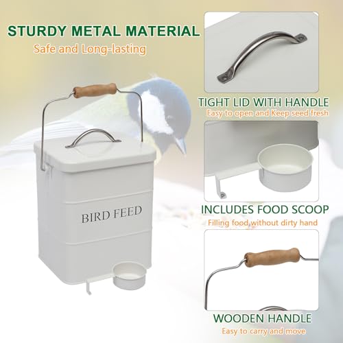Bird Seed Storage Container Airtight,5~6LB Metal Bird Food Container with Scoop,Wild Birds Feed Tin for Storing Sunflower Seed-Ideal for Outdoor or Indoor-Squirrel proof -White - color: White
