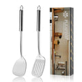 Pleafind 2-Pcs Solid & Slotted Spatula Set, 304 Stainless Steel Spatula, Metal Spatulas, Wok Utensils, Cooking Utensils, Wok Spatulas for Home, Kitchen and Restaurant, Dishwasher Safe - color: 2P-Argent