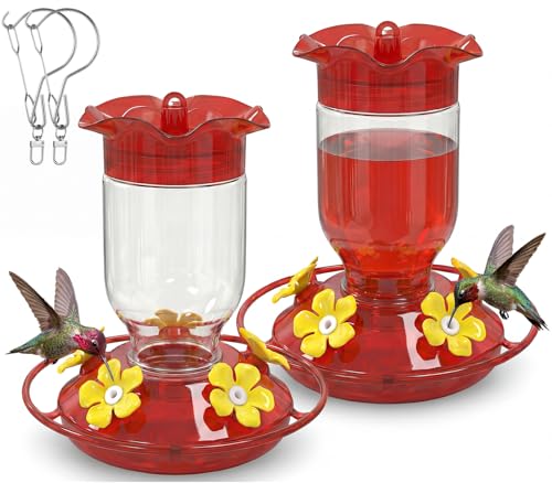 Hummingbird Feeders for Outdoors 2 Pack 12oz Plastic Leakproof | Wide Mouth Easy Clean, Clear Bottle, 5 Feeding Ports, Detachable Base, Weatherproof Hook, Compact for Small Yards