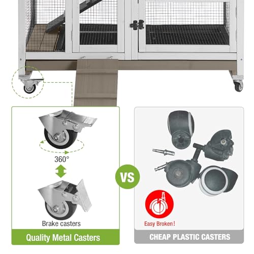 GUTINNEEN Rabbit Hutch Rabbit Cage Pet Bunny House Cage with Casters Urine Baffles,4 Metal Wheels,2 Deeper Trays(Mocca Color) - color: Mocca Color