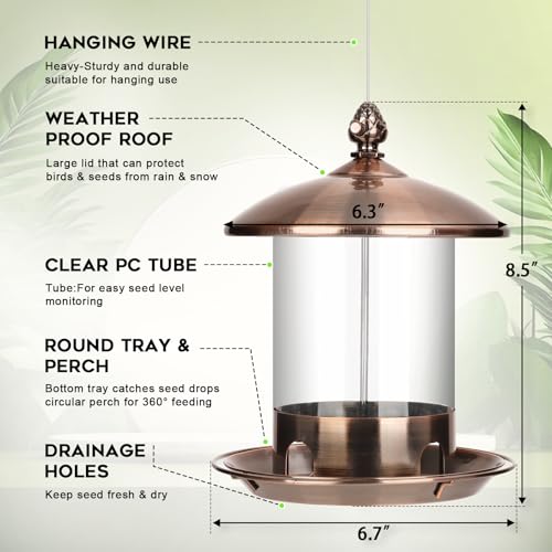 Gbekery Metal Bird Feeders for Outdoors Hanging, Weather Resistant Wild Bird Feeder with 360 Degree Feeding Tray, Copper - color: Copper