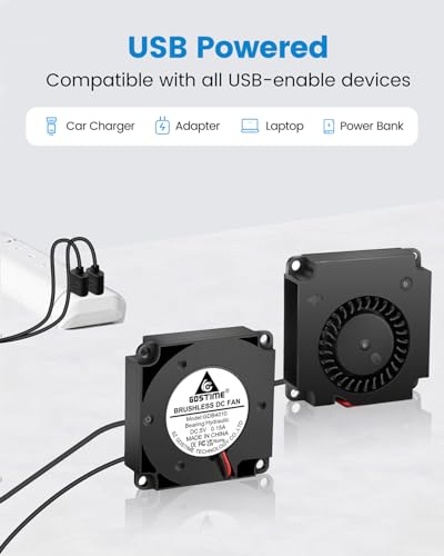GDSTIME 40mm USB Blower Fan with 3 Speed Control, DC 5V Powered, 2-Pack | Hydraulic Bearing, L/M/H Adjustable, 40x40x10mm, 4010, Micro 5 Volt, Brushless Turbo, for Small Electronics DIY Cooling - size: 40x10mm