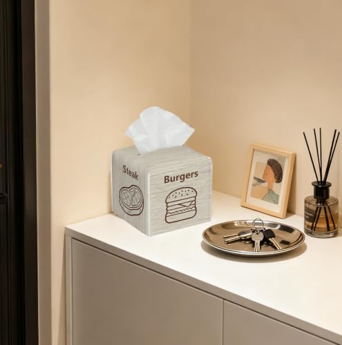 Wood Grain Food Art Tissue Holder,Rustic Kitchen Decor Gift | 4-Sided Unique Line Art Food Surface 5.2Inch PU Tissue Box Cover,Dining Room Decor Gift, Cafe Restaurant Decor Present - color: White Decoration Theme-10