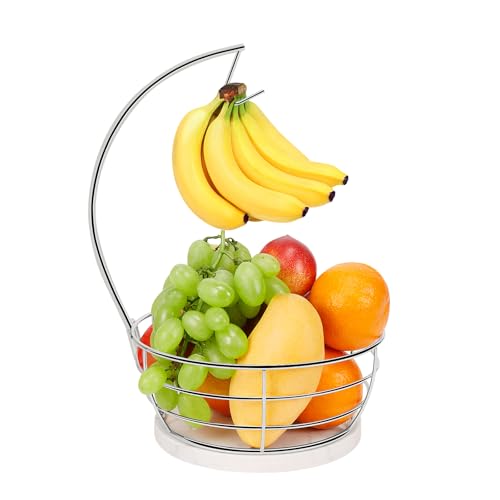 Livabber Countertop Fruit Basket Bowl with Banana Hanger, Modern Standing Fruit Vegetable Bowl Storage, with Banana Tree Holder for Kitchen Dinning Table (Round Marble, Chrome) - color: Chrome, style: Round Marble