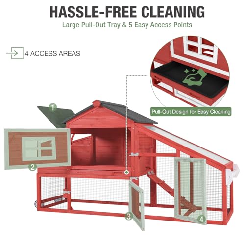Chicken Coop with Wheels,Outdoor Hen House with Waterproof Asphalt Roof, Wooden Poultry Enclosure with Easy-Clean Slide-Out Tray,Poultry Cage with Nesting Boxes for Duck Rabbit Chicken(Red)