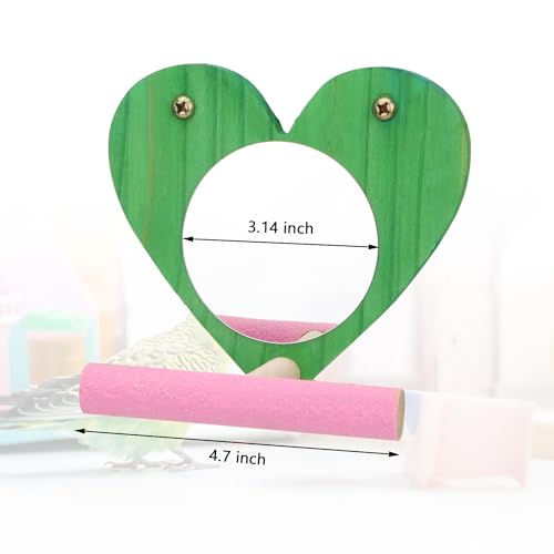 Hypeety Bird Mirror Toy with Perch Cage Standing Perch Wood Toy for Parrots | Natural wooden perch included, clear acylic miror, for parakeet/cockatiel/finch/conure/lovebird, random color, heart shape - color: Heart Shape