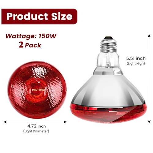 DaToo Infrared Heat Lamp Bulb for Chickens Red Heat Lamp Flood Light Heat Lamp Bulb 150 W Heating Bulbs for Brooder Coops Pets Chicks Reptiles Food Service (2 Pack) - size: 2 Pack