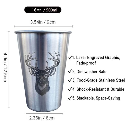 4 Pack 16oz Conical Stainless Steel Cups - Laser Engraved Animals, Stackable Durable Metal Cold Drink Cups for Parties & Outdoor Events (Bull/Horse/Deer/Ram) - color: Wild Animal 2