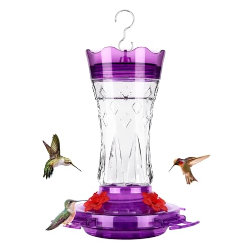 Glass Hummingbird Feeders for Outdoors, Built-in Ant Moat, Purple | 15oz, 4 Bee Guard Feeding Ports with Perches, Leak Proof, Stars Decor, Easy Refill & Clean, Gifts for Women Men Mom Dad - color: Purple