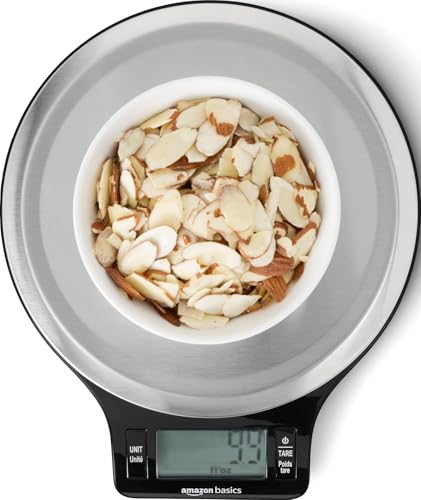 Amazon Basics Digital Kitchen Scale with LCD Display, Tare Function, Multiple Units, Weighs up to 11 Pounds, Batteries Included, Black and Stainless Steel