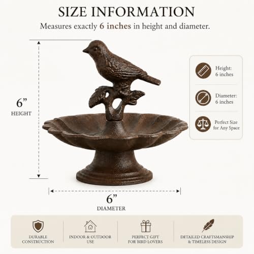 Comfy Hour Bird Bath Bowl, 6 Inch Cast Iron Mini Pedestal Feeder Dish, Antique Bronze Small Metal Tabletop Accent for Outdoors, Garden Porch and Patio Decor, 1 Unit