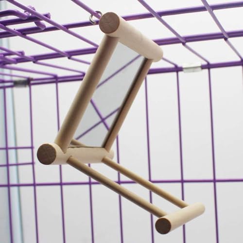 Litewoo Bird Mirror with Perch Parrot Swing Interactive Play Toys, 2 PC | Natural wood, with perch, 3.94"x3.94"x3.94", reduces loneliness, easy hang on cages, for small bird/parakeet/conure/lovebird - color: Bird Mirror Perch Stand-2 PCS