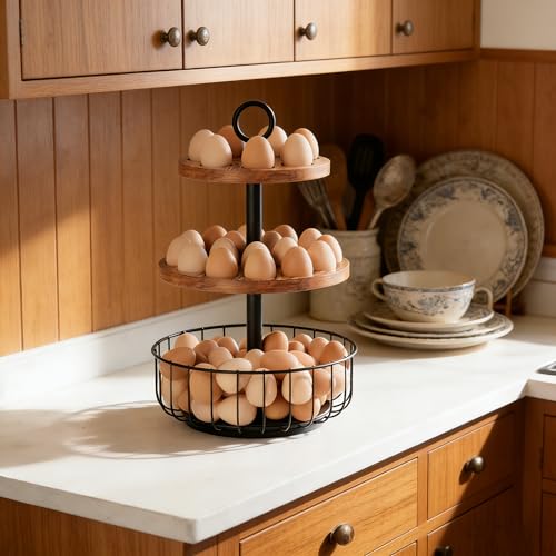 3-Tier 360° Rotating Egg Holder with Basket, Holds 64+ Eggs | Rustic farmhouse egg rack, 3-tier 360° rotating; ventilated wooden trays, metal basket. Holds 24+40 eggs. - size: 360° Rotating