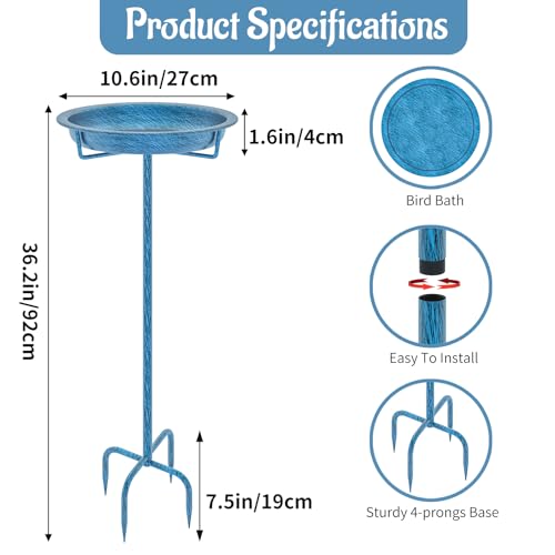 Metal Bird Bath for Outside, 36.2" Height Birdbath Bowl Standing Bird Feeders for Outdoors with 4 Prongs Base Stake, Freestanding Birdfeeders for Garden Yard Lawn Decor (Retro Blue) - color: Retro Blue