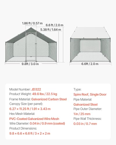 VEVOR Large Metal Chicken Coop with Run, Walkin Chicken Coop for Yard with Waterproof Cover, 6.5 x 9.8 x 6.5 ft, Spire Roof Large Poultry Cage for Hen House, Duck Coop and Rabbit Run - size: 117.6"L x 79.2"W x 79.2"H