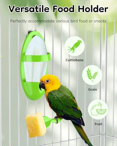Pawfly 2 Pcs Bird Cuttlebone Holder, Cuttlefish Bone Parrot Feeding Rack, Hanging Bird Feeder with Perch, Plastic Holder for Fruits Vegetables Treats, Feeding Rack for Cockatiels