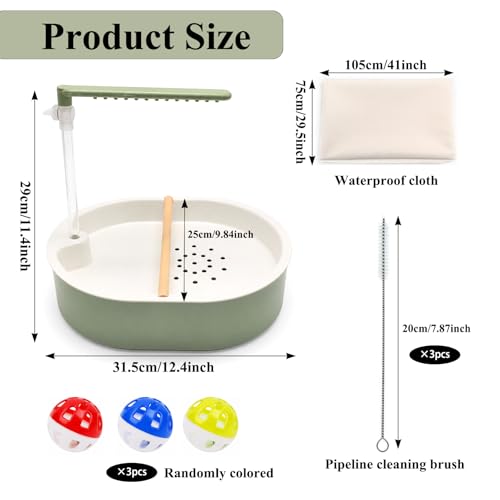 Bird Shower Bath with Waterproof Mat 41×29.5", Adjustable Flow Bird Bath Fountain with Plug Pump, Pet Bird Bath Set with Cleaning Brushes & Bell Toys for Parakeet Cockatiel