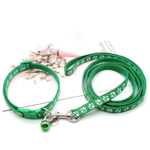 Dog Collar Puppy with Bell Leash Set,Cat Kitten Collars, Dark Green XXS,XS | Paw Print Reflective Dog Collar Leash Set with Bell, Basic Nylon Boy Girls Pet Collar Adjustable For XXS XS S Tiny Puppies - color: dark green